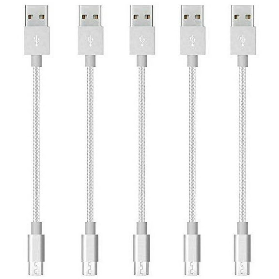 epacks Charger, Micro USB Nylon Braided Short Cable Fast USB Charging Cord for for External Battery Charger, Samsung, HTC, LG, Android and More (5 Pack) 8 Inch - Silver