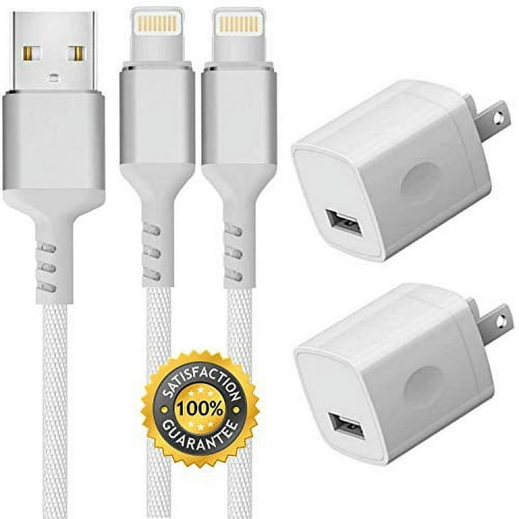 epacks Chargers 2-Pack Premium Nylon Charging Cable and USB Wall Adapter Plug Block Compatible for Smart Phone 8 / X / 7 / 6S / Plus + More Cases (2-Pack) Silver