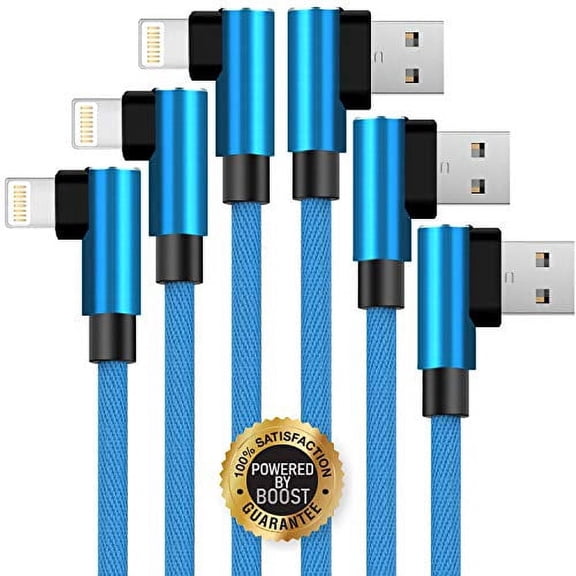 epacks Chargers 3-Pack 6FT Charging Cable Nylon Braided 90 Degree Fast Charging USB Power Charge & Sync Cord Compatible with XR XS MAX X 8 8Plus 7 Plus 6S 6S Plus 6 5 SE- Blue
