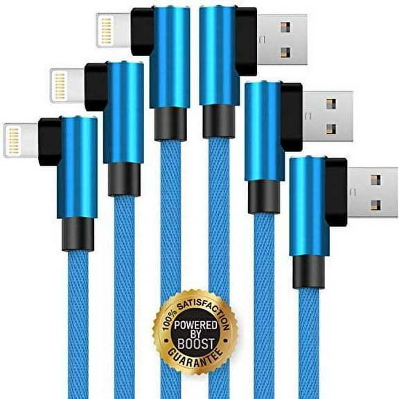 epacks Chargers 3-Pack 6FT Charging Cable Nylon Braided 90 Degree Fast Charging USB Power Charge & Sync Cord Compatible with XR XS MAX X 8 8Plus 7 Plus 6S 6S Plus 6 5 SE- Blue