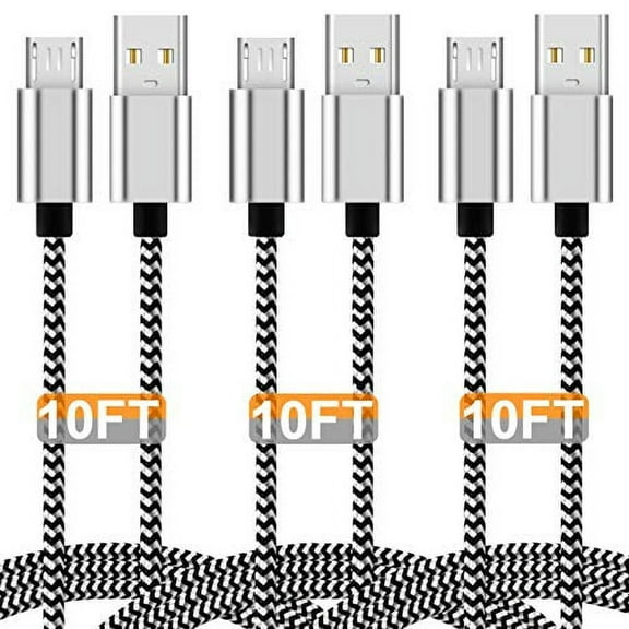 epacks Micro USB Charging Cable, 10FT Nylon Braided Controller Charger, Charge and Play, Micro USB High Speed Charger Sync Cord for Controller Devices, Cell Phones and Tablets (3-Pack, 10 Foot)