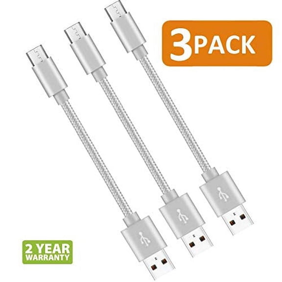epacks Short Micro USB Cable 8 Inch Nylon Braided Fast USB Charging Cord for for External Battery Charger, Samsung, HTC, LG, Android and More (3 Pack) Black (Dark Silver Grey)