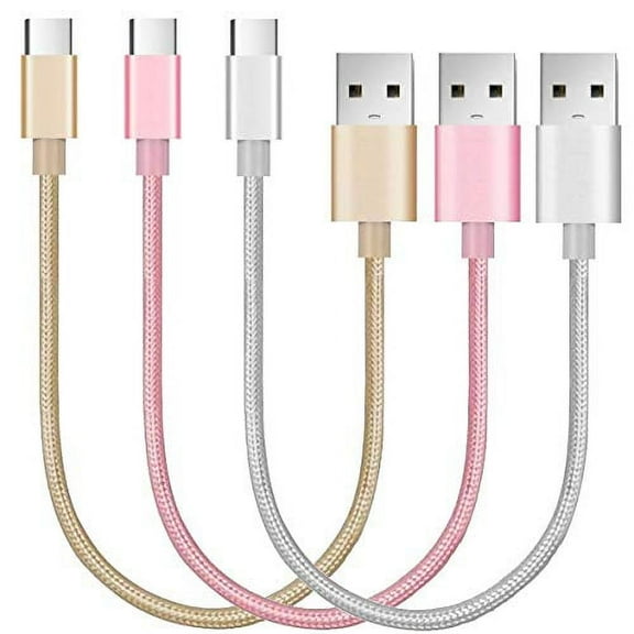 epacks Short USB C Chargers, USB Type-C to USB A Fast Cable Cords, High Speed Data and Charging, Nylon Braided, 3-Pack, 7-Inch, Gold, Silver, Pink