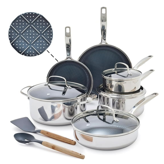 er Hybrid Nonstick Stainless Steel 12 Piece Cookware Set, Tri-Ply PFAS-Free Ceramic Pots & Pans, Dishwasher & Oven Safe to 850F, Induction Ready, Compatible with All Cooktops, Silver