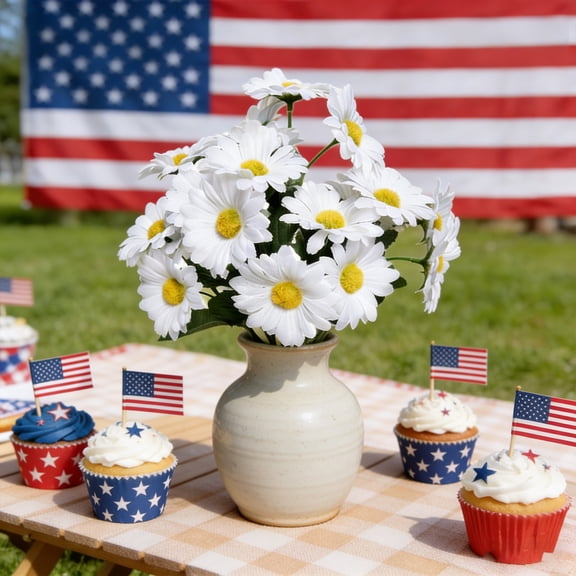 erdimoy 11.8" Patriotic Artificial Daisy Bouquet, Red White Blue 7-Stem 4th of July Flower Bush for Floral Decor