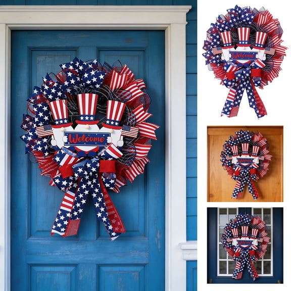 erdimoy 17.7" Patriotic Uncle Sam Welcome Deco Mesh Wreath, Red White Blue Ribbon Wreath for 4th of July Front Door Decor