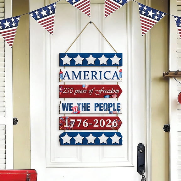 erdimoy 17.83 Inch America 250 Years of Freedom Stacked Wooden Hanging Sign, Patriotic 1776-2026 Front Door Wall Plaque, 4th of July Independence Day Farmhouse Decor