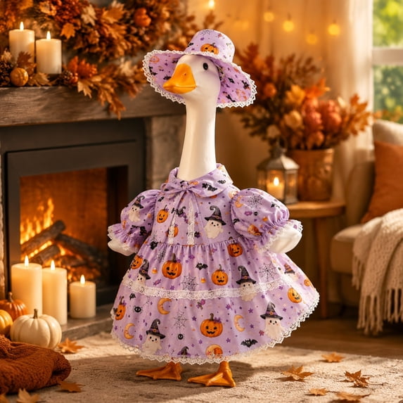 erdimoy 23 Inch Porch Goose Halloween Dress & Hat 2-Piece Set, Pastel Pink/Purple Ghost Pumpkin Lace Ruffle Outfit, Cute Gothic Statue Costume for Resin Lawn Goose Front Yard Fall Decor