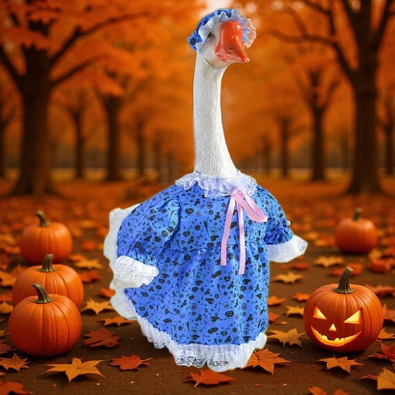 erdimoy 23 Inch Porch Goose Halloween Lace Dress Costume, Cute Witch Pumpkin Print Ruffle Outfit with Matching Bonnet Hat, Adjustable Statue Clothing for Resin Lawn Goose Fall Yard Decor