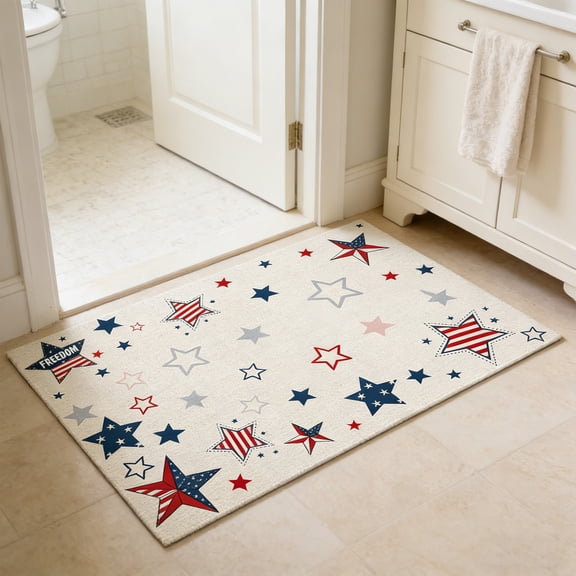 erdimoy 24×16 Inch Patriotic Star Bath Rug, Red White Blue Freedom Print Non-Slip Doormat for 4th of July Home Decor