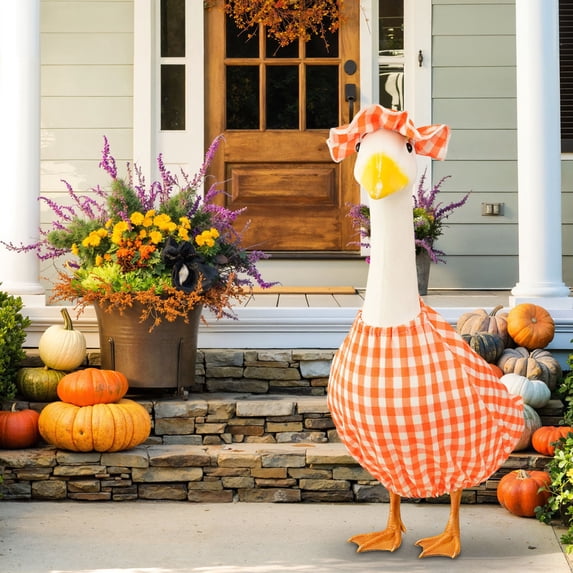 erdimoy 2Pcs Orange White Gingham Plaid Dress & Ruffled Hat Costume for 23 Inch Porch Goose Statue, Farmhouse Harvest Goose Outfit Accessories, Autumn Seasonal Clothes