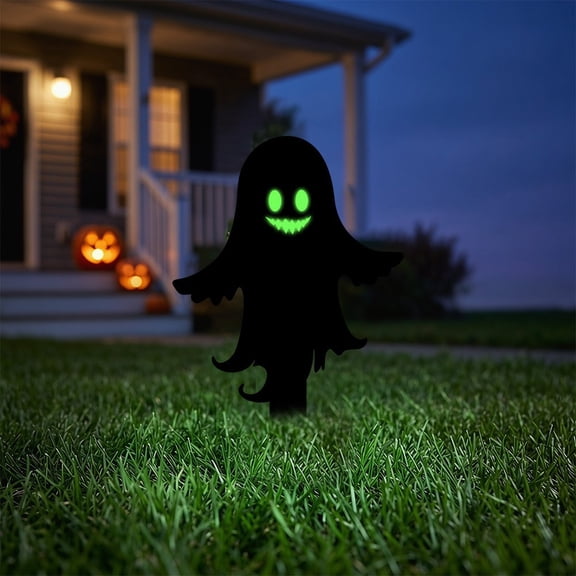 erdimoy 4 Black Ghost Silhouette Acrylic Yard Stakes with Luminous Face Decals, Waterproof DIY Glow Ghost Lawn Ground Ornament, Spooky Outdoor Patio Front Yard Decor for Halloween