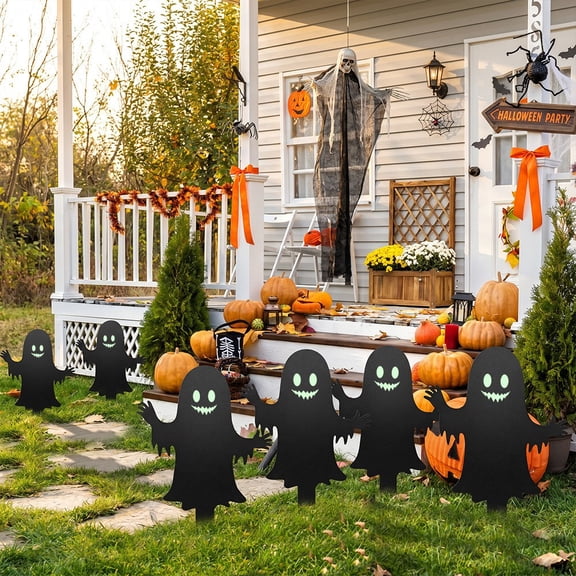 erdimoy 4 Black Ghost Silhouette Acrylic Yard Stakes with Luminous Face Decals, Waterproof DIY Glow Ghost Lawn Ground Ornament, Spooky Outdoor Patio Front Yard Decor for Halloween