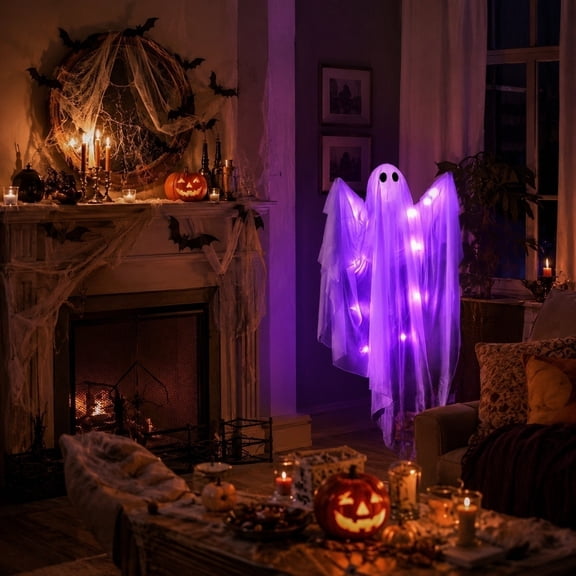 erdimoy 47.2 Inch Large LED Lighted Hanging Ghost Decor, Warm White & Purple Mesh Ghost Pendant with Fairy Lights, Spooky Hanging Ghost Ornament for Front Door Tree