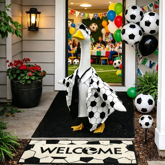 erdimoy 4Pcs Soccer Referee Costume for 23 Inch Porch Goose Figurine, Football Hexagon Print Jacket + Cap + Necktie + Whistle Set, Sports Theme Front Yard Lawn Goose Decor Outfit