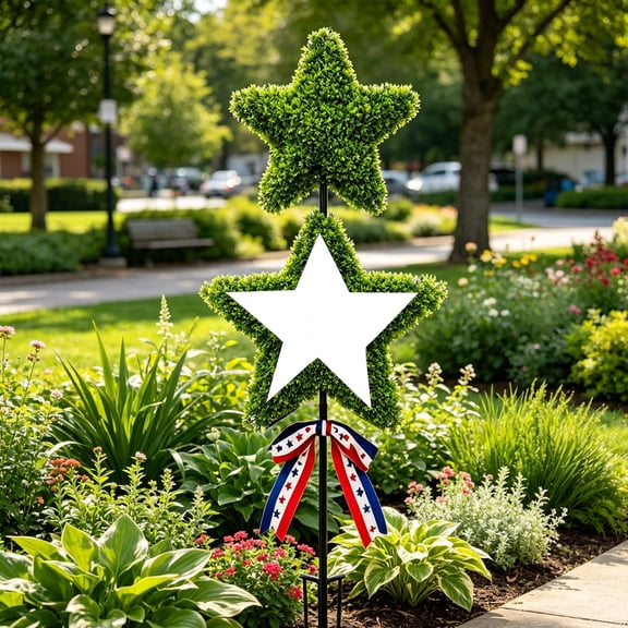 erdimoy 4th of July Patriotic Double Star Artificial Topiary Tree, Red White Blue Ribbon Outdoor Yard Stake Decor, Independence Day Memorial Day Porch Garden Lawn Ornament