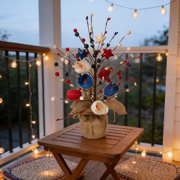 erdimoy 4th Of July Patriotic Star Berry Table Top Tree, 19.69 Inch Red White Blue Independence Day Farmhouse Dining Table Centerpiece Holiday Decor Ornament