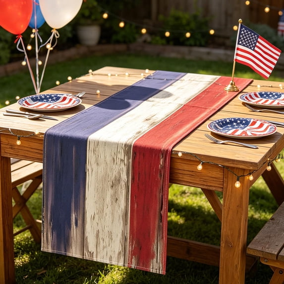 erdimoy 4th of July Patriotic Table Runner, 72×13 Inch 5 Styles Red White Blue Star Gnome Butterfly Linen Table Runner for Independence Day Memorial Day Dining