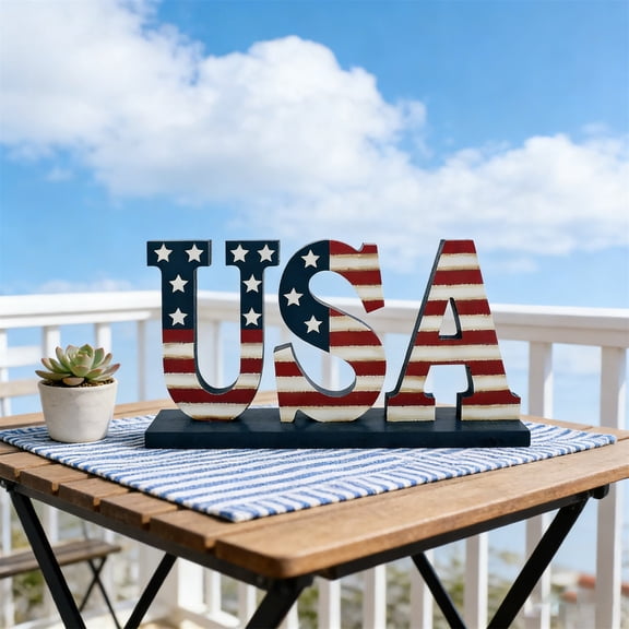 erdimoy 4th of July US Flag Wood USA Sign Table Decoration, Patriotic Tabletop Home Decor, Red White and Blue Cutout Block Letters Sign for Mantel Shelf Desk Fourth of July Independence Day