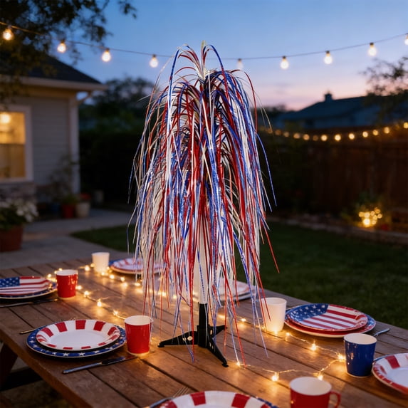 erdimoy 4th Of July Patriotic Tinsel Foil Tabletop Tree, 24.8 Inch Red White Blue Independence Day Shiny Fringe Holiday Home Mantel Desktop Decor