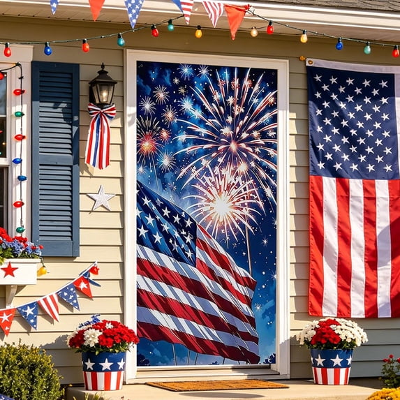 erdimoy 4th of July Patriotic Door Cover Banner, 35×70 Inch Firework & American Flag Backdrop for Independence Day Decor