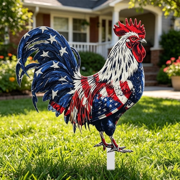 erdimoy 4th of July Patriotic Rooster Garden Stake, Red White Blue American Flag Themed Yard Art Decor
