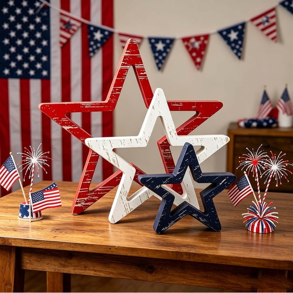 erdimoy 4th of July Patriotic Stacked Star Tabletop Decor, Set of 4 Wooden Independence Day Star Ornaments for Home Party