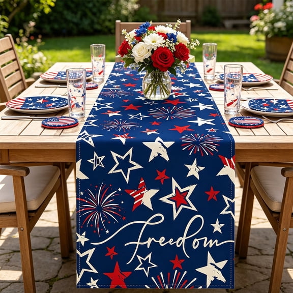 erdimoy 4th of July Patriotic Star Table Runner, 72"×13" Vintage Freedom Firework & USA Star Linen Table Decor for Independence Day Kitchen Party