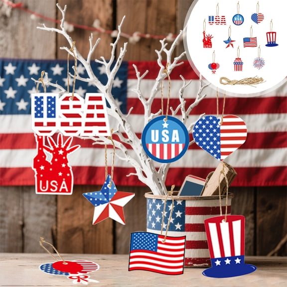 erdimoy 4th of July Patriotic Wooden Ornaments, 20-Pack Independence Day Hanging Decorations with Gnomes & USA Symbols