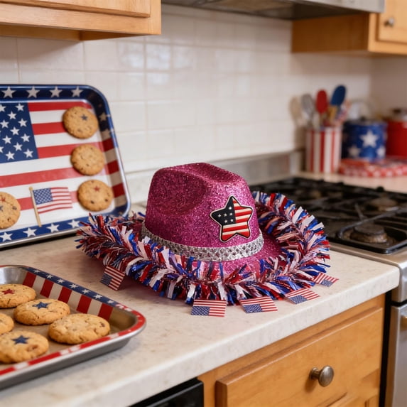 erdimoy 4th of July Sparkly Cowboy Hat, Red/Blue Patriotic Party Hat with Star Accents & Tinsel Fringe