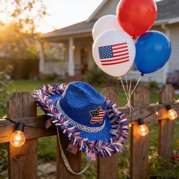 erdimoy 4th of July Sparkly Cowboy Hat, Red/Blue Patriotic Party Hat with Star Accents & Tinsel Fringe