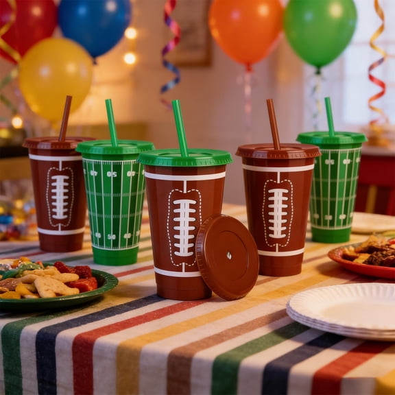 erdimoy 6 Pack American Football Themed Plastic Cups with Matching Straw & Lid, Brown Rugby + Green Yard Line Field Pattern Reusable Iced Drink Tumbler for Game Day Tailgate