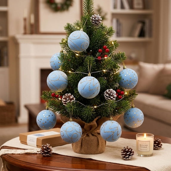 erdimoy 9‑Pack Flocked Christmas Ball Ornaments, 3.1 Inch Light Blue Velvet Baubles with Gold Glitter Star & Line Patterns, Xmas Tree Hanging Decor Set