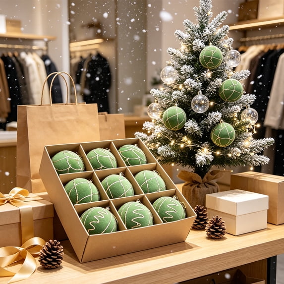 erdimoy 9‑Pack Flocked Christmas Ball Ornaments, 3.1 Inch Sage Green Velvet Baubles with Snowflake & Striped Glitter Patterns, Xmas Tree Hanging Decor Set