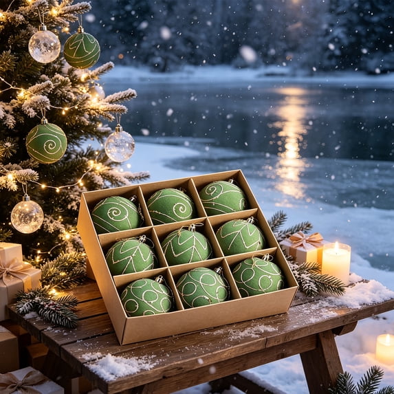 erdimoy 9‑Pack Flocked Christmas Ball Ornaments, 3.1 Inch Sage Green Velvet Baubles with Snowflake & Striped Glitter Patterns, Xmas Tree Hanging Decor Set