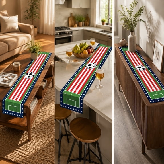 erdimoy American Flag Striped Soccer Field Table Runner, Football Sports Themed Polyester Tabletop Decor for Game Day Birthday Party Supplies