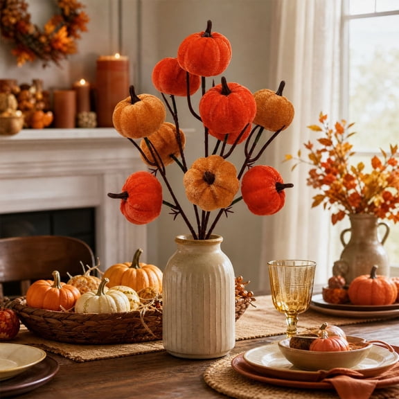 erdimoy Artificial Pumpkin Pick Stem, 13.38 in Fall Harvest Pumpkin Bouquet Sprays for Vase, Thanksgiving Halloween Table Decor