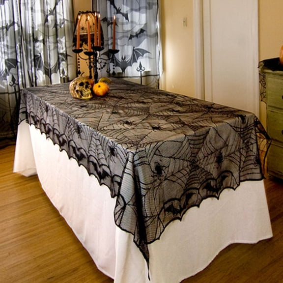 erdimoy Black Spider Web Lace Halloween Tablecloth, 48 x 94.5 Inch Sheer Mesh Table Cover, Spooky Bat Scalloped Edge Table Decor for Halloween Dinner Party