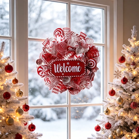 erdimoy Christmas Welcome Wreath, 16.5 Inch Red White Peppermint Mesh Front Door Wreath for Xmas Holiday Wall Porch Home Decoration