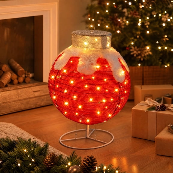 erdimoy Collapsible Light‑Up Christmas Ornament Ball Decor, 17.71 Inch Pre‑Lit Xmas Bauble Statue with Metal Stand for Yard Porch Holiday Display