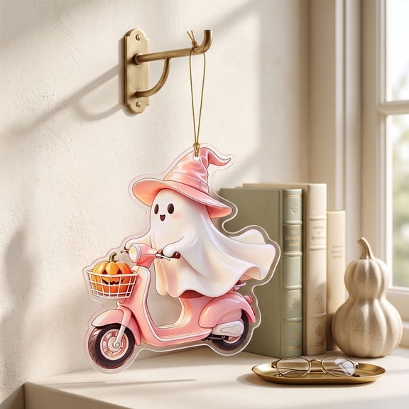 erdimoy Cute Pink Ghost Acrylic Ornaments, 3.14in x 2.36in Halloween Hanging Decorations for Tree Car Backpack