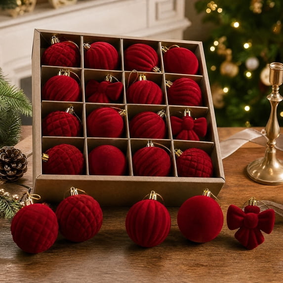 erdimoy Flocked Velvet Christmas Ornament Balls Set, 2.36 Inch Shatterproof Assorted Xmas Hanging Baubles with Storage Gift Box for Christmas Tree Decor