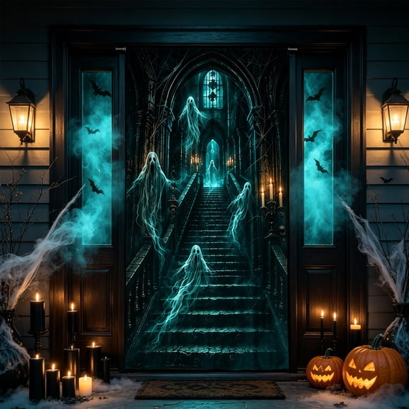 erdimoy Halloween Ghost Castle Door Cover, 35.43 x 70.87 Inch Spooky Haunted Corridor Ghost Door Banner, Fabric Halloween Front Door Decor for Party Home Decoration