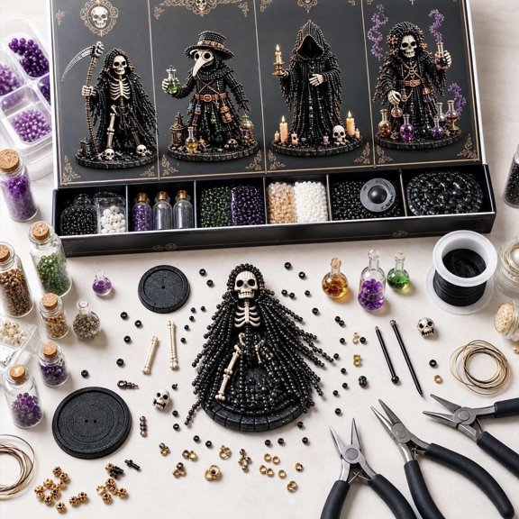 erdimoy Halloween Gothic 3D Beaded Creature DIY Kit, Dark Fantasy Dragon & Skeleton Character Craft Set for Adults
