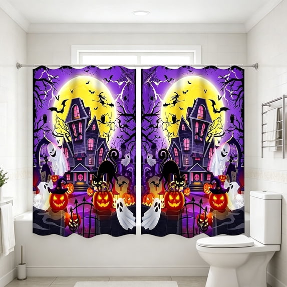 erdimoy Halloween Haunted Mansion Kitchen Window Curtains 4 Panels, Purple Full Moon Ghost Pumpkin Black Cat Bat Short Cafe Curtain Drapes for Farmhouse Bathroom Decor