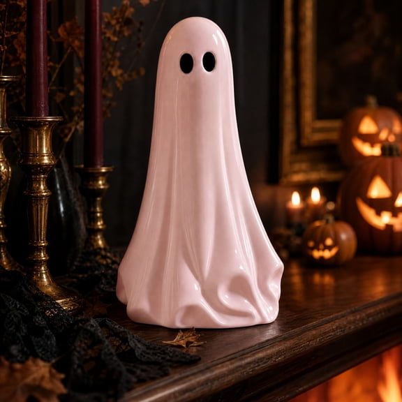 erdimoy Halloween Pink Ghost Tabletop Statue, 20Inch Glossy Resin SpookyCute Ghost Figurine, Freestanding Pastel Decor for Indoor and Covered Porch Halloween Home Decoration