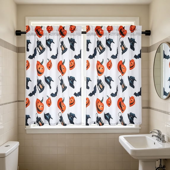 erdimoy Halloween Pumpkin Witch Hat Bat Kitchen Curtains 2 Panels, White Background Short Cafe Window Drapes with Jack-o-Lantern Lantern Print for Farmhouse Bathroom Decor