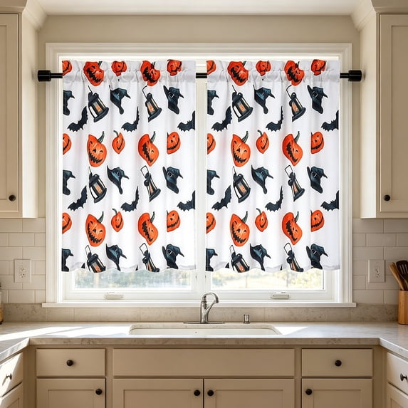 erdimoy Halloween Pumpkin Witch Hat Bat Kitchen Curtains 2 Panels, White Background Short Cafe Window Drapes with Jack-o-Lantern Lantern Print for Farmhouse Bathroom Decor