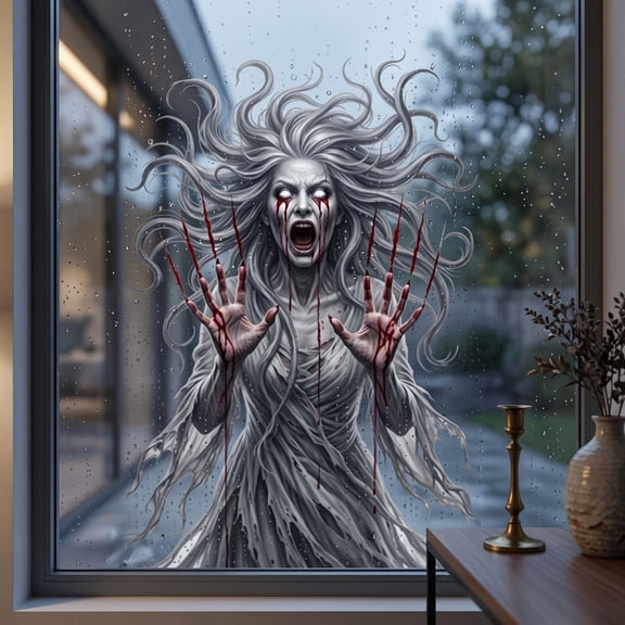 erdimoy Halloween Summerween Scary Ghost Woman Window Cling, 23.62 x 15.75 Inch Spooky Reusable Static Window Decal for Halloween Party Home Decor