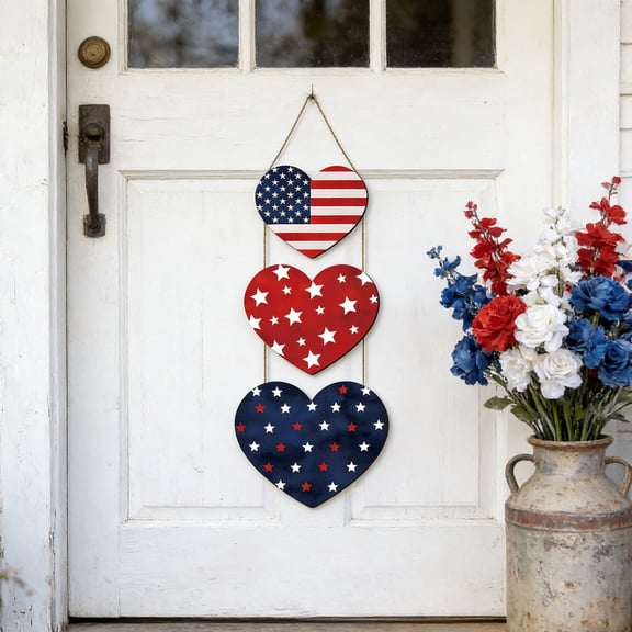 erdimoy July Decorations Patriotic Decorations Heart Patriotic Wreath Hanging Sign Wooden 4th of July Wreaths for Front Door Decorations for Memorial Day Fourth of July Porch Wall Indoor Home Decor